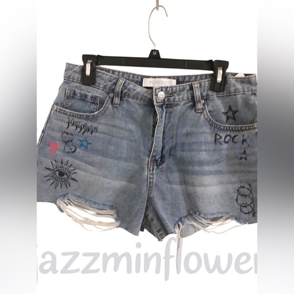 Playboy blue jeans shredded distressed hem bunny logo denim shorts size 11 new‎ - Picture 12 of 16